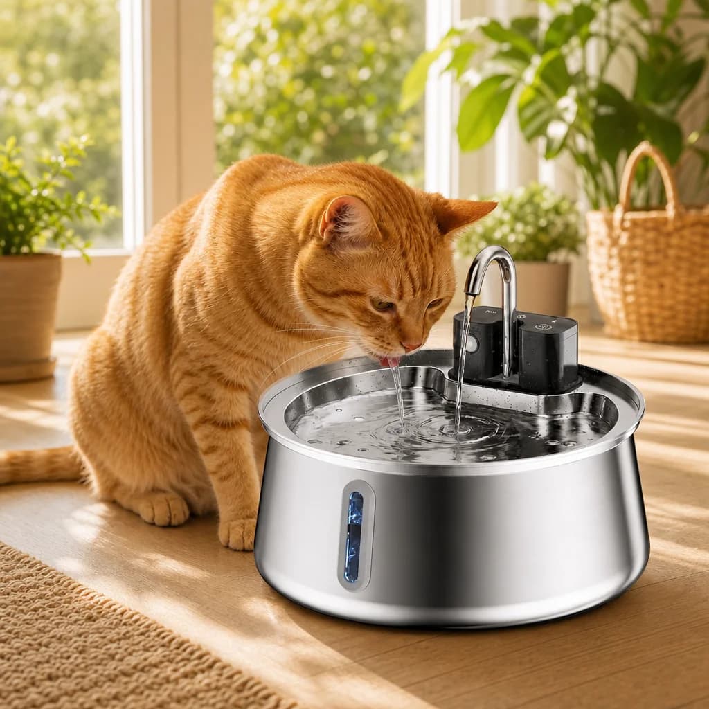 A cat drinking from the Purrspring fountain in a sunlit room
